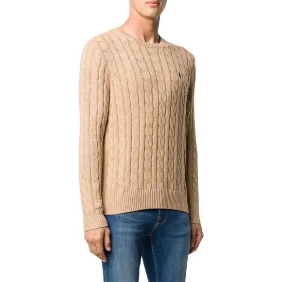Polo Ralph Lauren Men’s Cable-Knit Cotton Crewneck Sweater Beige Oatmeal M NWT - Picture 1 of 7